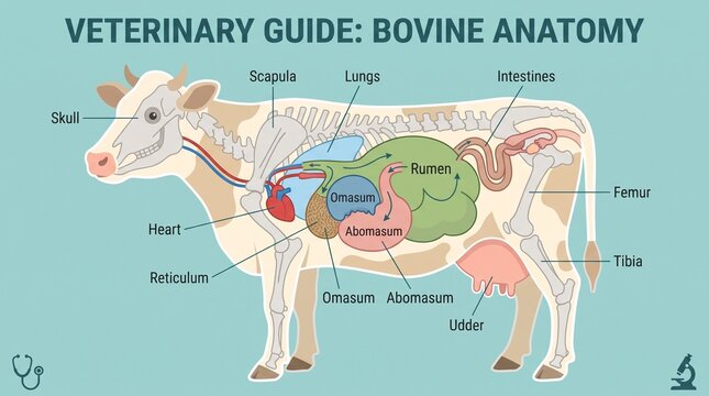 Educational Infographic of Bovine Anatomy Showing Labeled Internal Organs and Skeletal System for Veterinary Guide