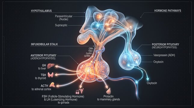 Anatomical Diagram of the Hypothalamus and Pituitary Gland showing Endocrine Hormone Pathways