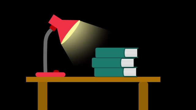 A red desk lamp slides onto a table and illuminates a stack of books with a bright warm light against a black background.