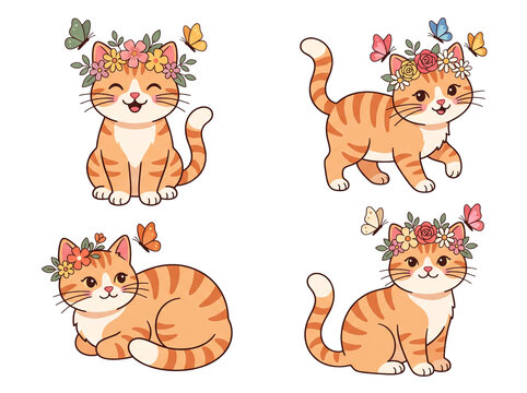 Cute Female Orange Tabby Cat Clipart Set with Floral Crowns and Butterflies for Stickers, Nursery and Print on Demand