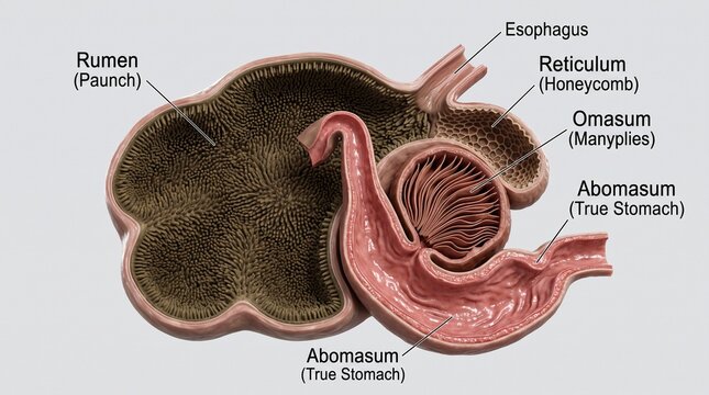 Ilustrasi anatomi lambung hewan ruminansia yang menampilkan rumen, retikulum, omasum, dan abomasum dengan label deskriptif.