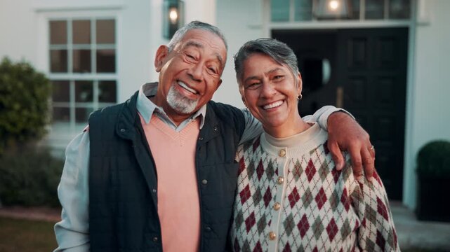Senior, face or couple with smile for real estate, long term investment or property ownership. New house, people and happy with hug in front yard for relocation, empty nest and comfortable retirement