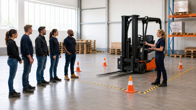 Forklift Operator Safety Training in Industrial Warehouse with Instructor and Trainees