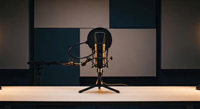 Professional podcast microphone on desk in recording booth