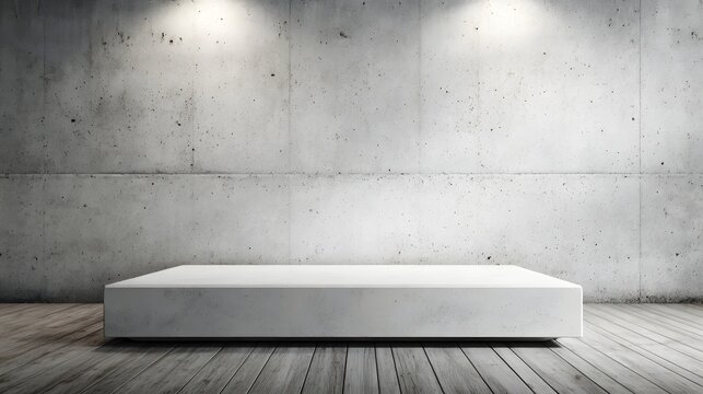 White concrete block podium on wooden floor against a textured cement wall with spotlights. Studio backdrop.