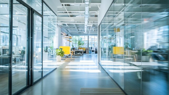Contemporary open plan office featuring glass partitions and bright sunlit corridor. Commercial interior.
