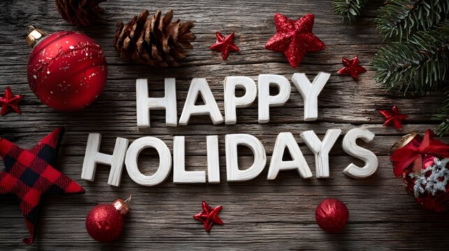 Happy Holidays text in white wooden letters on rustic wood background with red ornaments and pine branch.