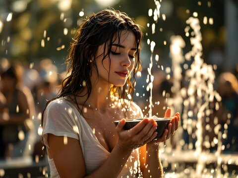 Afa e calura estiva: giovane donna che si rinfresca e si disseta in una fontana 