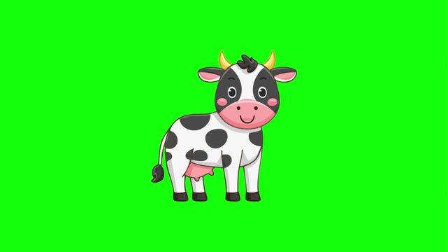 Cute cartoon cow standing on green background. Playful black and white dairy animal illustration for kids. Farm animal mascot for children's media...