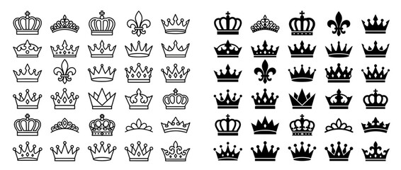 Royal crowns and tiaras in outline and silhouette styles © Duru