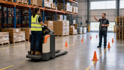 Fototapeta premium Forklift Operator Safety Training in Industrial Warehouse with Instructor and Trainees