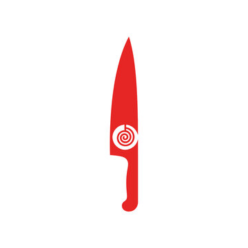 Red chef knife with spiral design on blade.