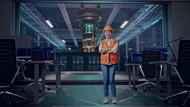 Full Body Of Asian Female Engineer With Safety Helmet Crossing Her Arms And Smiling To Camera While Standing at Futuristic Quantum Computer Data Center Control Room