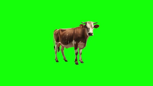 Cartoon cow on green screen. White cow illustration isolated. Animal animation element.
