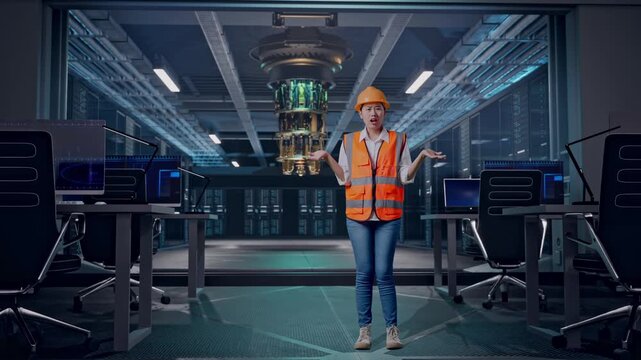 Full Body Of Wondering Asian Female Engineer With Safety Helmet Saying Why Working Doubtfully at Futuristic Quantum Computer Data Center Control Room