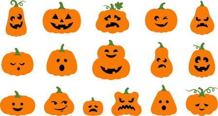 Obraz premium Collection of halloween jack o lantern pumpkin characters with various funny and spooky facial expressions isolated on transparent background for festive seasonal graphic design.
