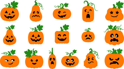 Fototapeta premium Various halloween pumpkin jack o'lantern faces in different expressions vector illustration set for festive autumn holiday designs.