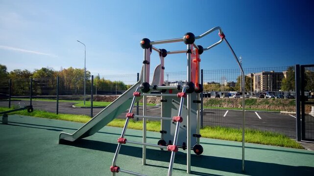 Modern sports playground in modern residential neighborhood. Bright playground slide modern fitness equipment and climbing structures