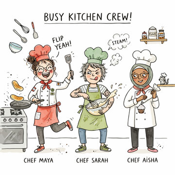 Busy kitchen crew with three female chefs cooking.