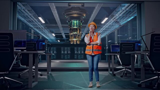 Full Body Of Asian Female Engineer With Safety Helmet Thinking About Something And Looking Around While Standing at Futuristic Quantum Computer Data Center Control Room