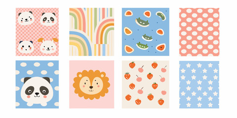 adorable pastel colored nursery wall art collection featuring cute animals fruits patterns panda lion dog strawberry melon rainbow dots stars © Ramanath