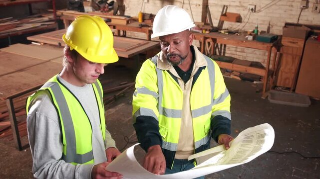 Discussion, men and construction workers on site with blueprint for building, maintenance or repairs. Floor plan, talking and civil engineers in collaboration for renovation or property development.