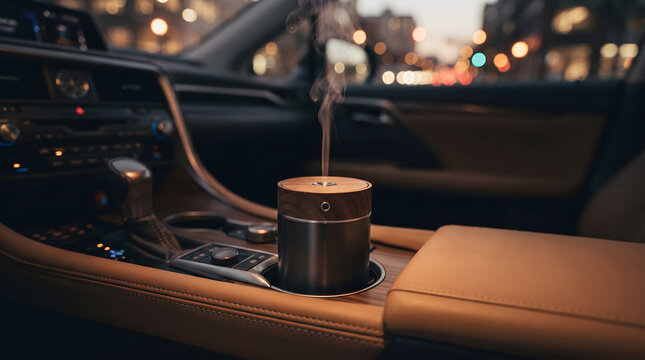 Portable car air humidifier and essential oil diffuser emitting mist in a luxury vehicle cup holder during evening drive