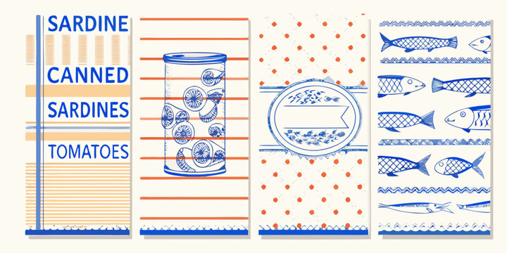 sardine can and seafood illustrations retro vector style illustration fish tomato pattern design graphic art food marine dietary nutrition packaging