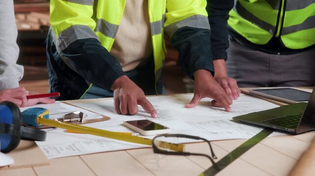 Discussion, men and hands of construction workers on site with blueprint for building, maintenance or repairs. Floor plan, talking and team of civil engineers for renovation or property development.