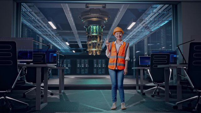 Full Body Of Asian Female Engineer With Safety Helmet Smiling And Showing Peace Gesture While Standing at Futuristic Quantum Computer Data Center Control Room
