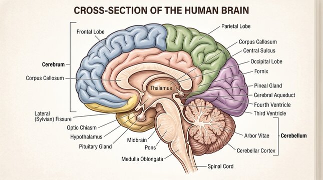 Detailed anatomical diagram of a human brain cross-section with labels for medical and educational purposes.
