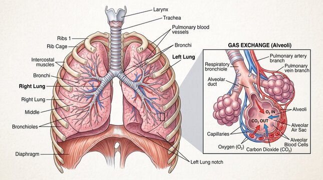 Human Respiratory System Diagram Showing Lungs Anatomy and Gas Exchange in Alveoli with Detailed Labels