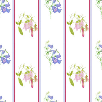 Delicate floral stripe. A seamless pattern of stripes and bluebells on a white background.