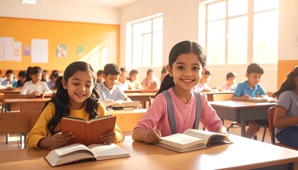 Fototapeta premium Happy Indian school children smiling and reading books in a bright classroom.