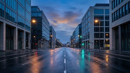 Fototapeta premium An empty city street at twilight captured at 35 mph showing wet pavement reflections and modern office buildings under a moody and dramatic evening sky