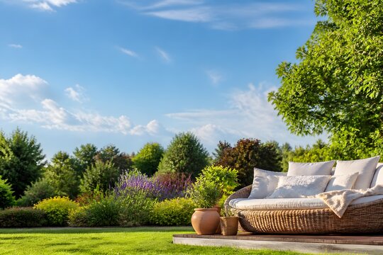 Comfortable outdoor wicker daybed with plush cushions on a wooden deck in a lush green backyard garden, perfect for summer relaxation, luxury patio furniture, peaceful landscape, copy space area