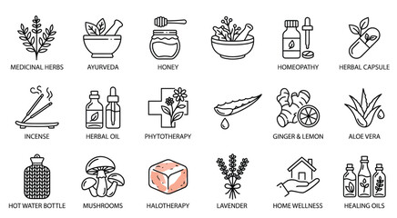  Natural Medicine and Wellness Line Icons Set for Herbal, Ayurveda, and Home Remedies © Shahida