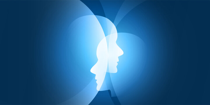 Glowing white humanoid heads profile in silhouette emerges from overlapping translucent blue circles on a dark blue background. Abstract interconnected AI and technology concept