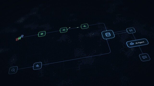 Animated blue digital matrix with flowing lines representing RAG document ingestion and query pipeline