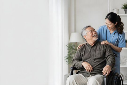 Caring young Asian female nurse providing professional medical assistance to a happy senior man in a wheelchair at home, compassionate healthcare service concept with copy space for your text layout.
