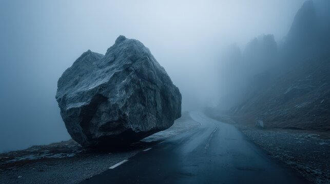 A massive boulder blocks a winding road at a foggy location showing a remote area with mountains in the background
