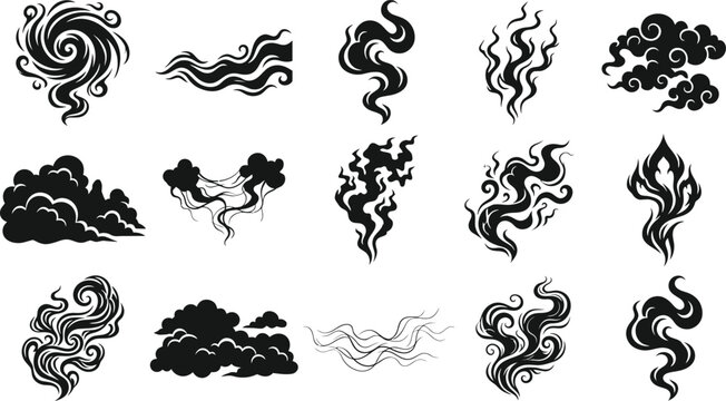 Collection of black japanese cloud motifs and swirls for tattoo and graphic design
