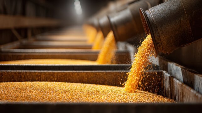 Grain harvest cereal crops pour from industrial hose into large storage bins during the collection process