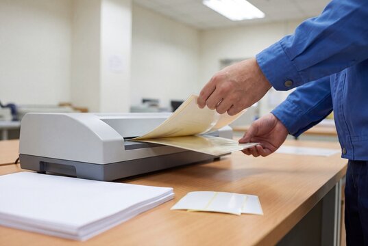 Employee Using Thermal Laminator To Protect Paper Document In Professional Office