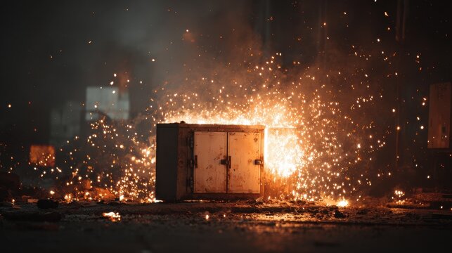 Fire breaks out in a power box with sparks flying in an industrial area at night causing chaos and danger to nearby structures and equipment