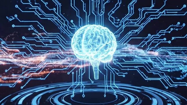 A glowing digital brain model connected to complex electronic circuit board patterns