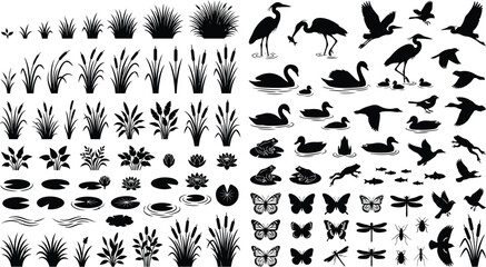 Wetland Wildlife Silhouette Collection Birds Plants Butterflies Dragonflies Vector Design Bundle © MD. MASUD R ANA