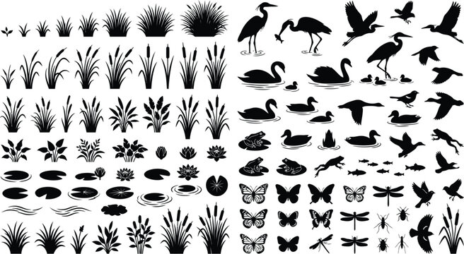 Wetland Wildlife Silhouette Collection Birds Plants Butterflies Dragonflies Vector Design Bundle