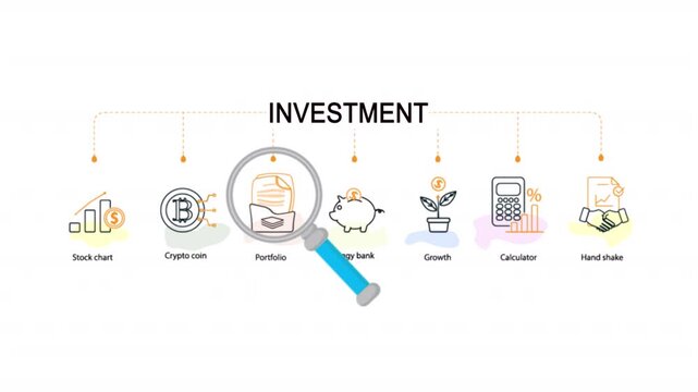 Investment outline icon with magnifying glass highlighting financial, symbolizing analysis, focus, and strategic decision making in business and finance