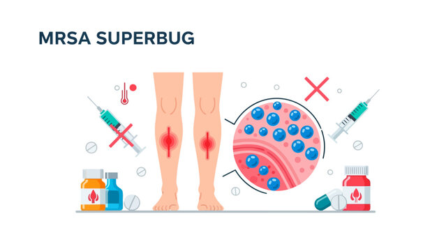 MRSA Superbug Medical Infographic featuring antibiotic-resistant bacteria on human legs with medical icons, ideal for healthcare education and pharmaceutical presentations.